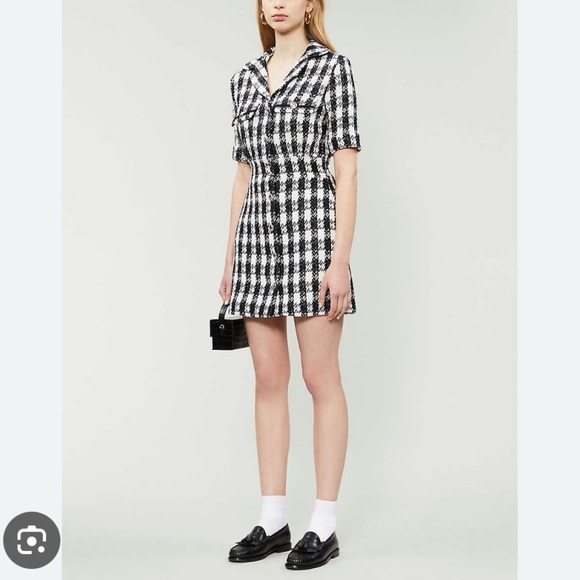 Maje Ricky Tweed Black White Houndstooth Mini Collar Shirt Mini Dress 36 - Picture 2 of 15